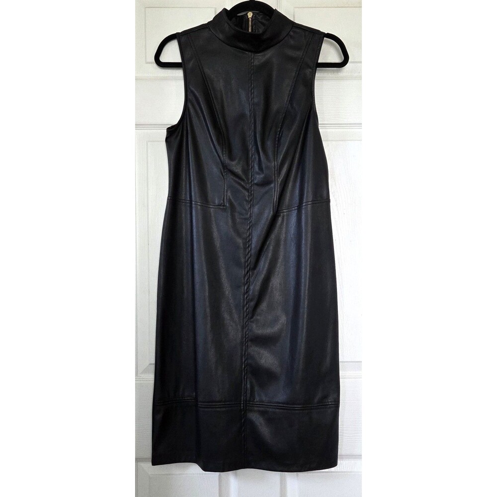 VINCE CAMUTO Black Faux Leather Sleeveless Dress Mock Neck Gold Zipper Size 8